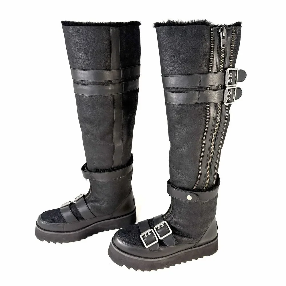 UGG Moto Punk OTK Boot Black Biker Buckle Zipper Round Toe Women's Size 10